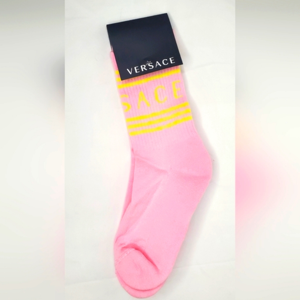 VERSACE size M Women Logo Crew Socks In Pink and Yellow Striped Knit Fabric